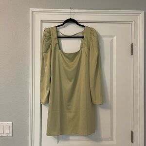 Danielle Bernstein Green Silk Square Neck Long Sleeve Mini Dress